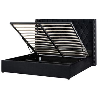 Beliani Cama Con Almacenaje De Terciopelo Negro Plateado 180 X 200 Cm Cabecero Alto Lubbon
