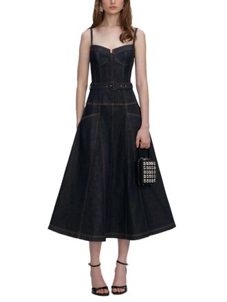 Self Portrait Indigo Denim Flared Midi Dress with Contrast Stitching