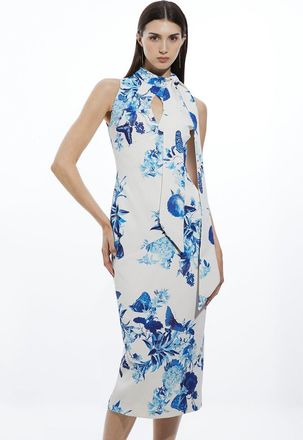 Karen Millen Tailored Crepe Butterfly Floral Neck Tie Midi Pencil Dress