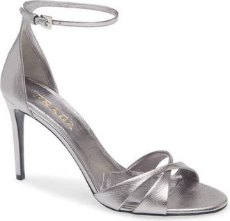 Prada Saffiano Metallic Leather Ankle Strap Sandal in Cromo at Nordstrom, Size 10.5Us