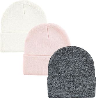 Hudson Baby Knitted Fold-Over Beanies in Pink White at Nordstrom