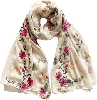 Lina & Lily Embroidered Floral Tassel Scarf Shawl Lightweight (Beige)