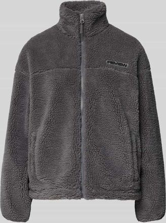 Review Fleecejacke mit Stehkragen und Label-Detail in Dunkelgrau, Größe XS
