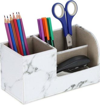 OEM Portal&aacute;pices - 3 Compartimentos - 11 X 20 X 9 Cm - Efecto M&aacute;rmol - Organizador De Escritorio - Blanco