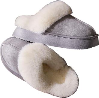 Generic Fuzzy Platform Scuff Slippers for Women Non-Slip Slip-On Winter Suede House Shoes, Warm Plush Fur Lined Memory Foam Casual Boot Slippers Indoor Outdoo