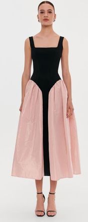 Milla Corset Formal Occasion Midi Dress with Glossy Skirt in Black & Pink in Black&pink at Nordstrom, Size 8