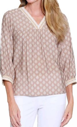 Multiples Cuffed 3/4 Sleeve Banded V-Neck Top In Khaki