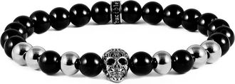 Crucible Jewelry Polished Stainless Steel Skull and Polished Black Onyx Strech Bracelet