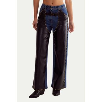 NASTY GAL Straight Leg Denim Pu Mix Chap Jeans in Dark Wash at Nordstrom, Size 12