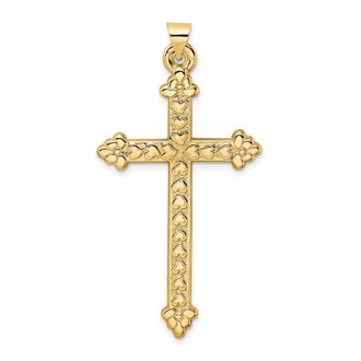 Diamond2Deal 14k Yellow Gold Polished Textured Hollow Hearts Cross Pendant