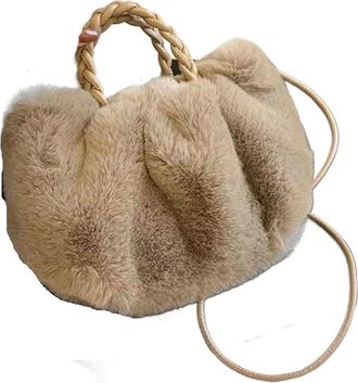 Generic Womens Plush Bags Plush Cloud Bag Autumn Winter Handbag Women Solid Colors PU Woven Hand Soft Storage(Light Khaki)