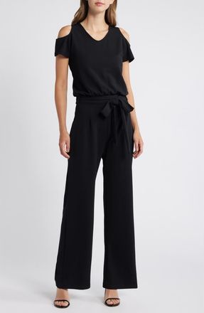 Nikki Lund Gianna Belted Cold Shoulder Jumpsuit in Black at Nordstrom, Size X-Large