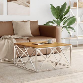 vidaXL Mesa De Centro Acero Inoxidable Y Madera Maciza Acacia Plateado Vidaxl