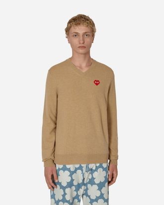 Comme Des Garçons Invader Heart V-Neck Sweater Beige