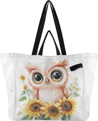 Generic Owl Sunflowers White pattern Reusable Canvas Tote Bag, Heavy Duty Grocery Shopping Bag with Large Capacity Hard Bottom Double Handles Work Groceries T