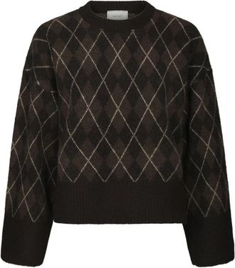 Neo Noir Kick Check Knit Blouse - Dames - Ronde hals truien - Bruin - L - Wol - Truien & Vesten