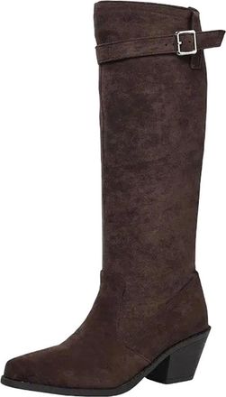 Generic Womens Leisure Knee High Boots Square Toe High Block Heel Slip On Design With A Classic Decorative Belt Buckle