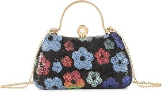 Girly HandBags Womens Floral Sequin Evening Clutch Bag with Top Handle and Chain Strap - Party, Wedding and Cocktail Purse Medium Navy