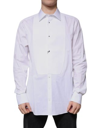 Dolce & Gabbana Mens White Bib Cotton Poplin Gold Formal Shirt