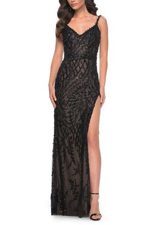 La Femme Beaded Gown with Intricate Design and V Neckline in Black at Nordstrom, Size 2
