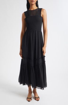 Ramy Brook Mila Smocked Silk Midi Dress in Black at Nordstrom, Size Xx-Large