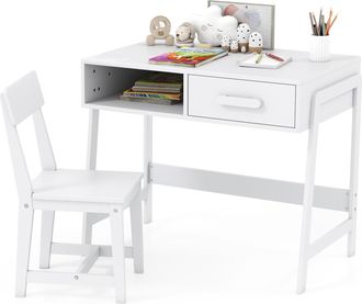 Costway Scrivania Per Bambini Con Sedia, Set Tavolo Studio In Legno Con Cassetto Portaoggetti E Ripiano, 85 X 48 X 70 Cm, Bianco