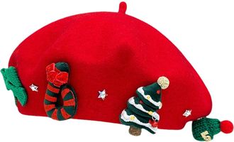 Generic Christmas Beret Hat for Women Unisex Soft Warm Wool Vintage Washable French Beret Cap for Holiday Festive Party New Year Outdoor Xmas Headgear Beanie 