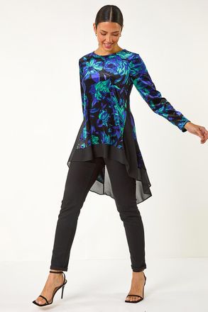 Roman Velvet Rose Print Chiffon Hem Top