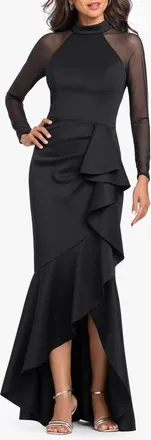 Betsy & Adam Scuba & Mesh Long Sleeve High-Low Gown in Black at Nordstrom, Size 14