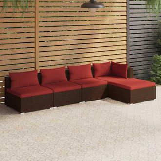 vidaXL Set Sof&aacute;s De Jard&iacute;n 5 Piezas Y Cojines Rat&aacute;n Sint&eacute;tico Marr&oacute;n Vidaxl