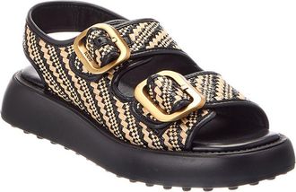 Tod's Tods Double Buckle Raffia & Leather Flat Sandal