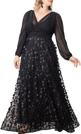 Kiyonna Blossoming Beauty Long Sleeve Mesh Evening Gown in Black Multi at Nordstrom, Size 3X
