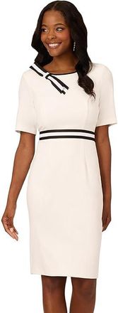 Adrianna Papell Crepe Ribbon Short Dress Womens Dress Ivory/Black : 14, Elastane/Polyester