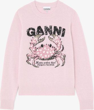 Ganni Pink Sweater with Crab - Size XXS Wool