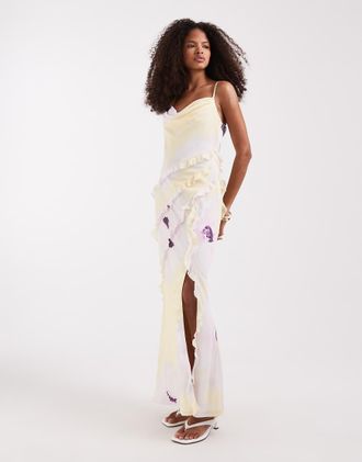 Pretty Lavish Vestito lungo con spalline sottili, scollo ad anello e volant giallo limone con stampa a fiori effetto acquerello