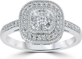 Pompeii3 3/8Ct Vintage Natural Diamond Cushion Halo Shape Ring White Gold Size Selectable