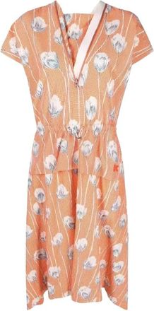 Kenzo Graphic-floral Print Gingham Midi Jurk - Dames - Zomerkleedjes - Oranje - S - Katoen - Kleedjes