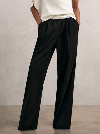 Reiss Black Petite Wide-leg Contrast-waistband Trousers, 14
