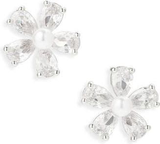 Cara Cubic Zirconia & Faux Pearl Flower Button Stud Earrings in Silver at Nordstrom Rack