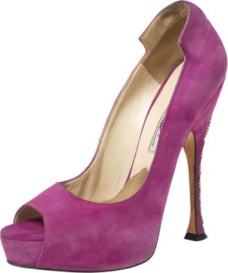 Brian Atwood Magenta Suede Embellished Chain Heel Peep-Toe Pumps