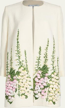 Oscar De La Renta Foxglove Embroidered Tweed Collarless Jacket