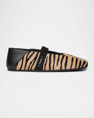 Fendi Tiger Calf Hair Grosgrain Mary Jane Ballerina Flats