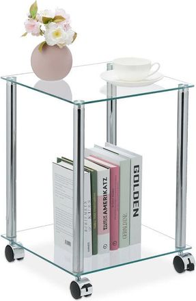 Relaxdays Relaxdays - Mesa Auxiliar con Ruedas, 2 Tableros, Cuadrada, Vidrio y Acero, Mesilla de Sofá Móvil, Transparente y Plateado