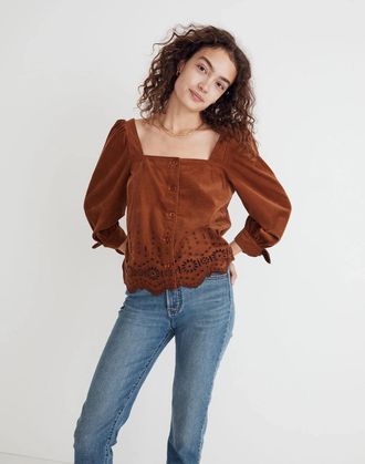 Madewell Top Womens Brown Corduroy Embroidered Eyelet Tie Sleeve ERK977