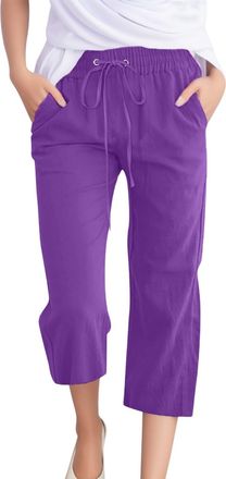 Generic Linen Cropped Trousers Womens 3/4 Short Leg Petite Wide Leg Trousers with Elasticated Waist Capri Pants Casual Solid Color Summer Loose Fit Beach Pant