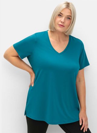 Sheego T-Shirt SHEEGO Funktionsshirt, Damen, Gr. 44/46, blau (dunkelpetrol), 90% Polyester, 10% Elasthan, unifarben, Rundhals, Shirts T-Shirt