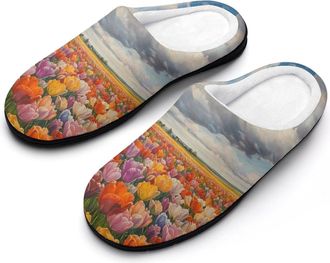 Generic Bloom Tulip Fields Slippers Men Winter Warm Cotton Anti-Slip Indoor Slip-Ons House Shoes