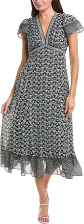 Max Studio V-Neck Ruffle Sleeve & Hem Midi Dress