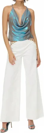 My Beachy Side Charlotte Shimmer Draped Halter Top In Blue Metallic