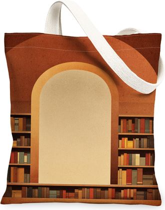 Generic Vintage Library Canvas Tote Bags, Rustic Bookshelf Print Reusable Grocery Bags, Autumn Cozy Linen Lightweight Washable Shou, Brown, 13x15 Inch